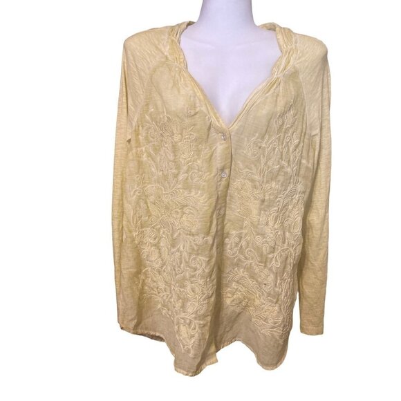 Womens Soft Surroundings Embroidered Cotton Blend Blouse Yellow Small Long Slv - Picture 1 of 12